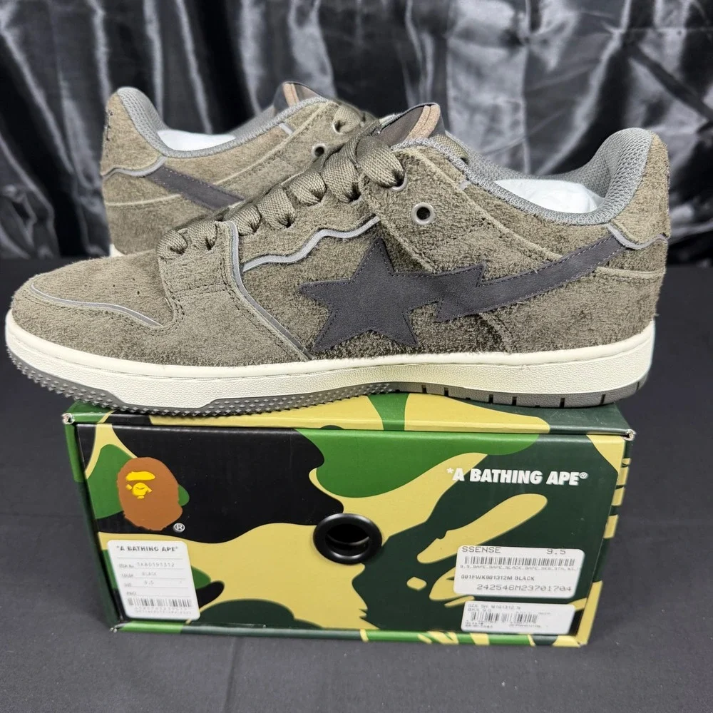 A Bathing Ape Bape SK8 STA #3 M1 Black Olive Suede Sneakers 1K80191312 Mens 9.5